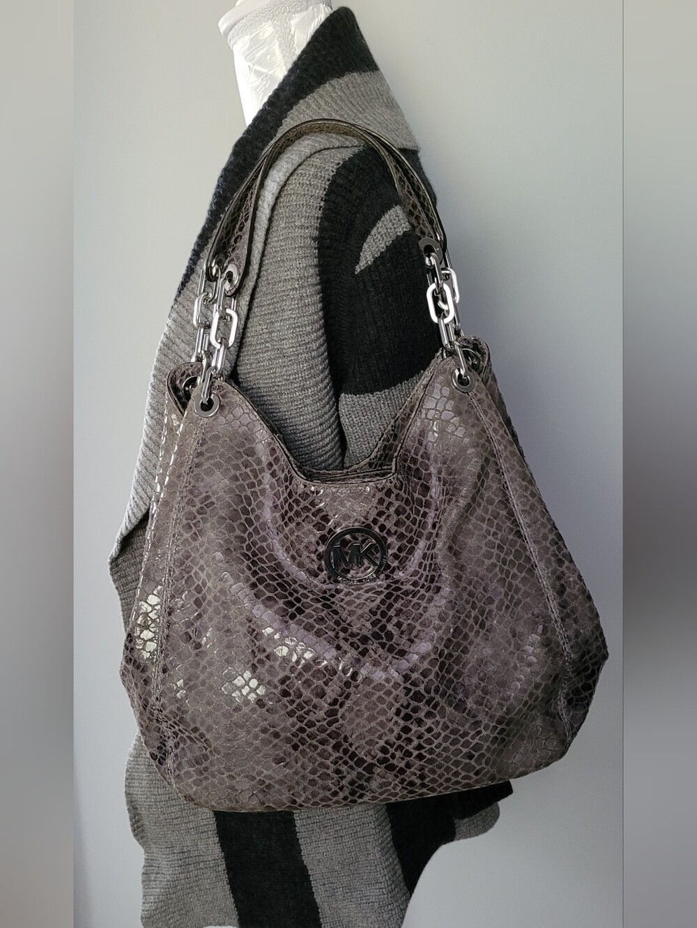 Michael Kors Gray Snake-Embossed Shoulder Bag